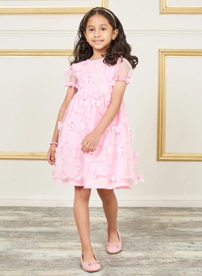 ستايلي Floral Applique Dress with Sheer Puff Sleeves