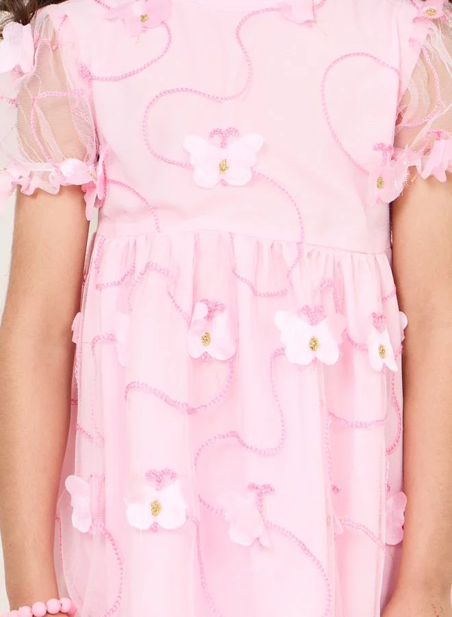 ستايلي Floral Applique Dress with Sheer Puff Sleeves