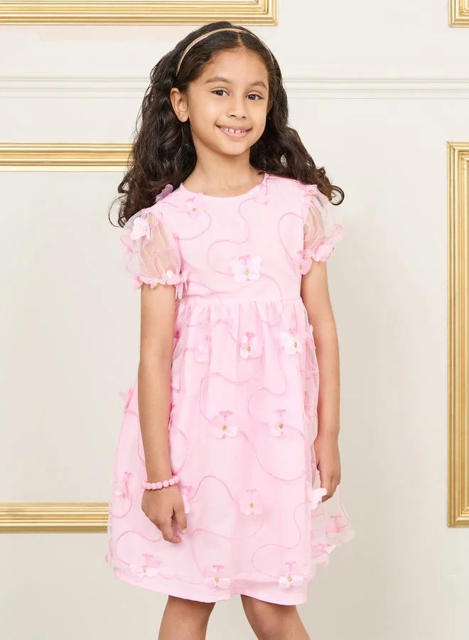 ستايلي Floral Applique Dress with Sheer Puff Sleeves