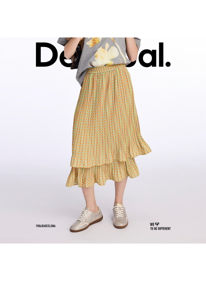 DESIGUAL تنورة مزدوجة الطبقات مع طباعة زهور جديدة وطيّات ss25 - Image 3
