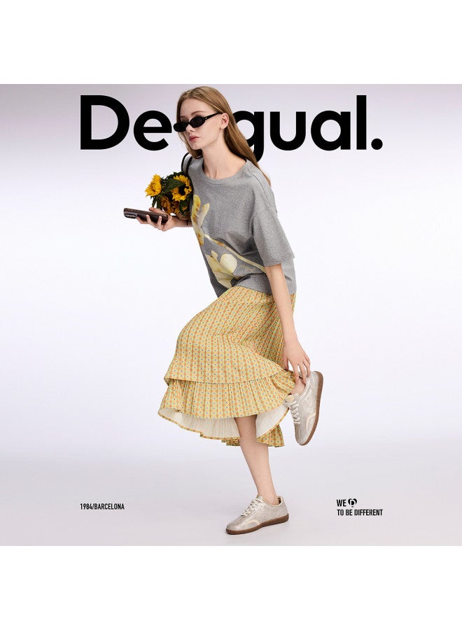 DESIGUAL تنورة مزدوجة الطبقات مع طباعة زهور جديدة وطيّات ss25 - Image 2