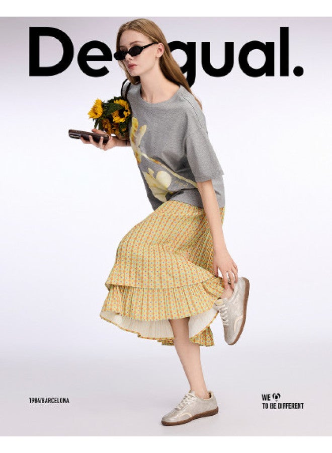 DESIGUAL تنورة مزدوجة الطبقات مع طباعة زهور جديدة وطيّات ss25 - Image 1