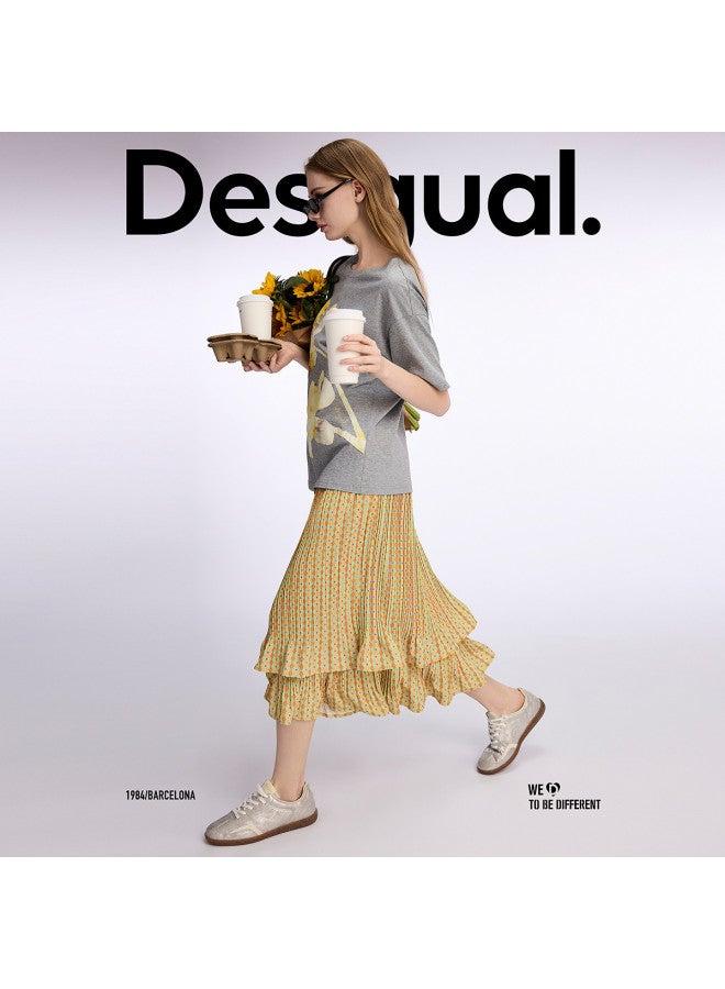 DESIGUAL تنورة مزدوجة الطبقات مع طباعة زهور جديدة وطيّات ss25 - Image 4