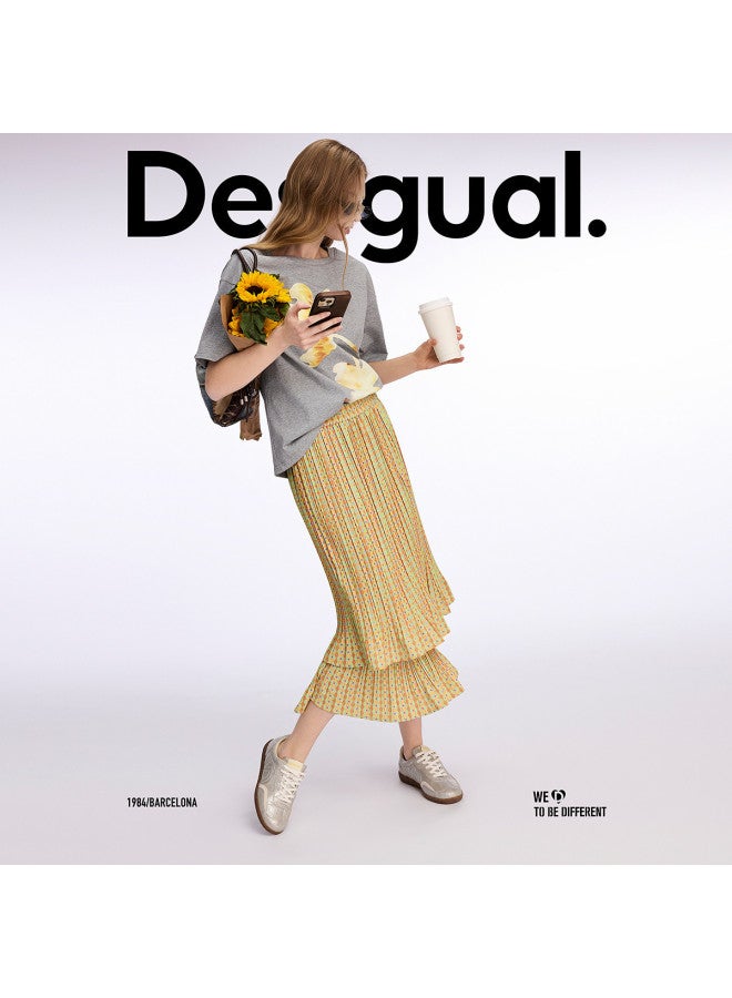 DESIGUAL تنورة مزدوجة الطبقات مع طباعة زهور جديدة وطيّات ss25 - Image 5