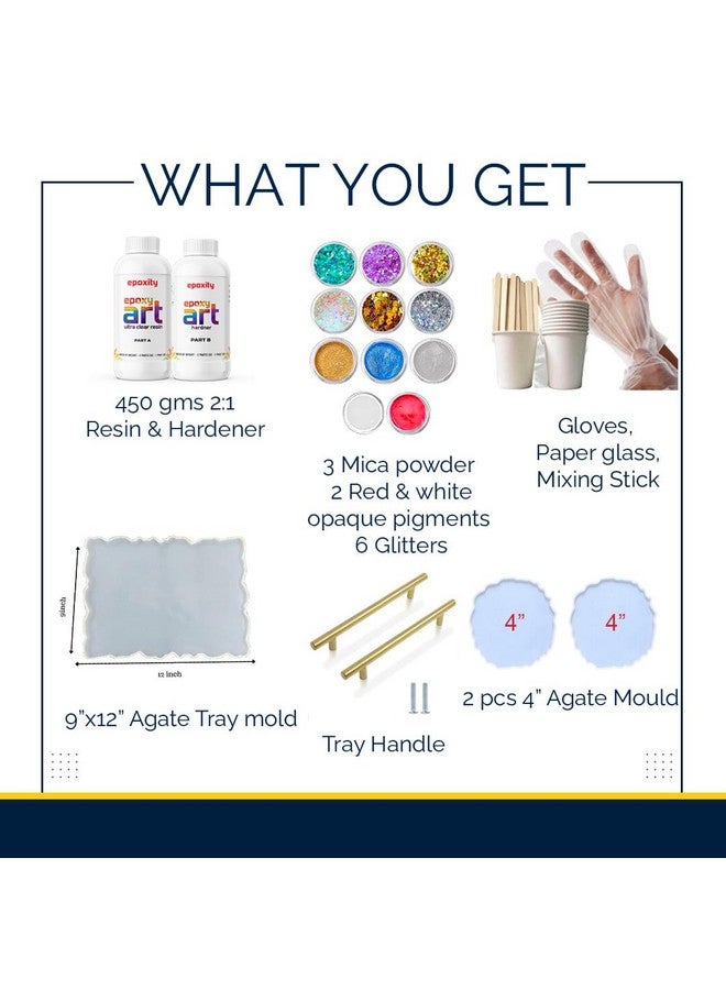 Epoxity Resin Tray DIY Kit Includes 450Gms 2:1 Epoxy Resin, 9x12" Agate Mould with 2 nos 4" Coaster molds, Glitter, Pigments Raisin Liquid - Image 2