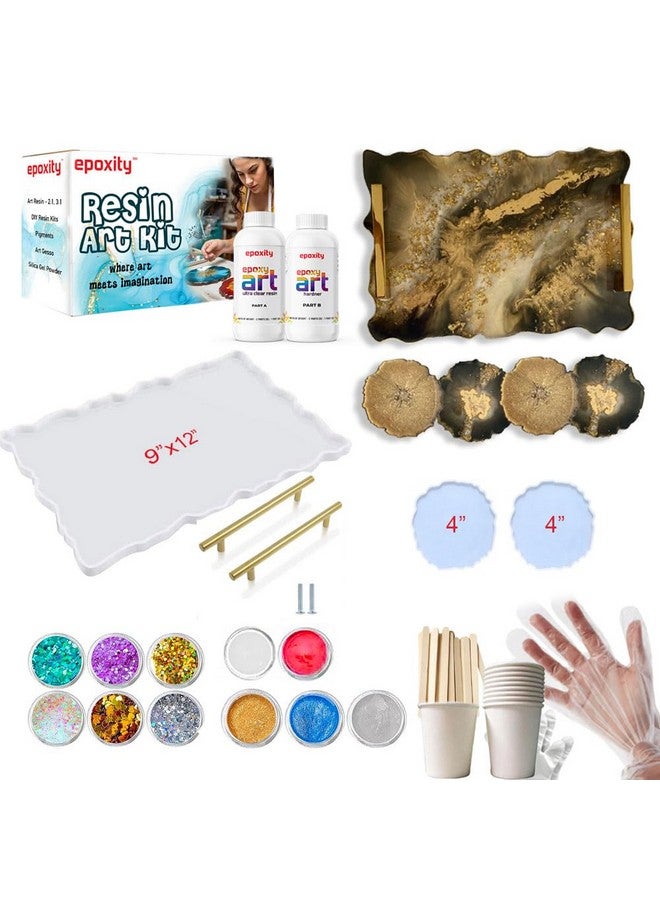 Epoxity Resin Tray DIY Kit Includes 450Gms 2:1 Epoxy Resin, 9x12" Agate Mould with 2 nos 4" Coaster molds, Glitter, Pigments Raisin Liquid - Image 1