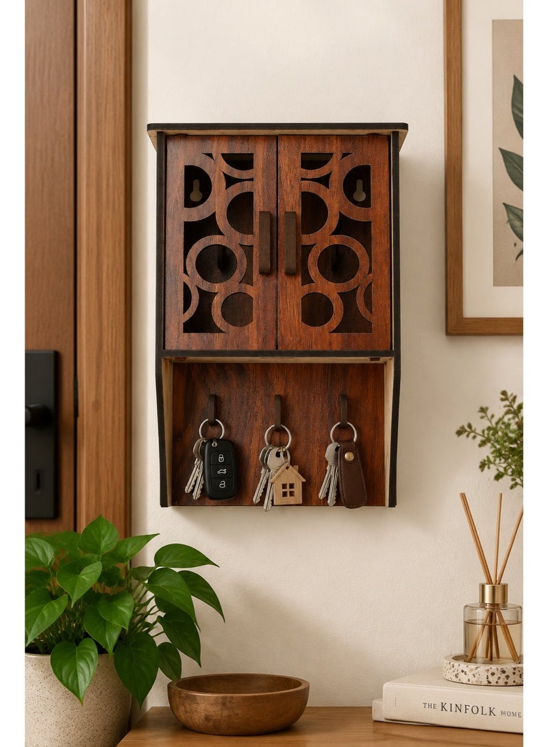 Wall Mounted Wooden Key Organizer with Decorative Doors and 3 Hooks – Elegant Home Design - Image 1