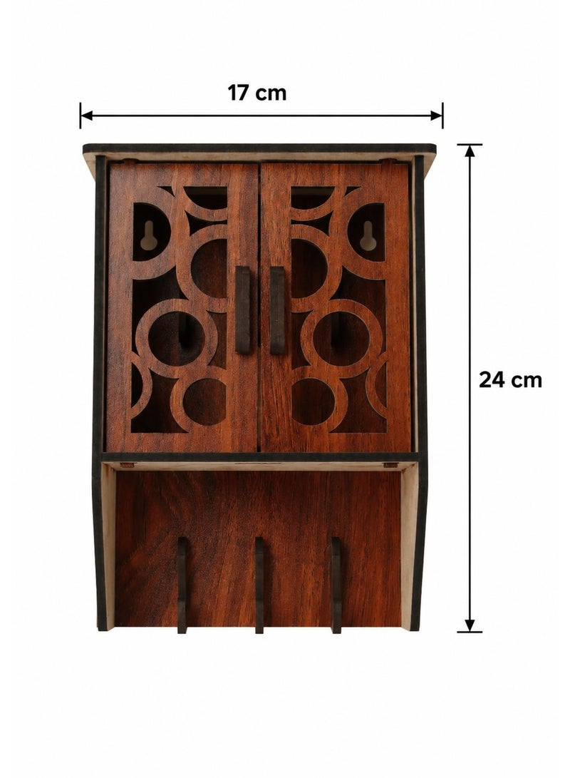 Wall Mounted Wooden Key Organizer with Decorative Doors and 3 Hooks – Elegant Home Design - Image 2