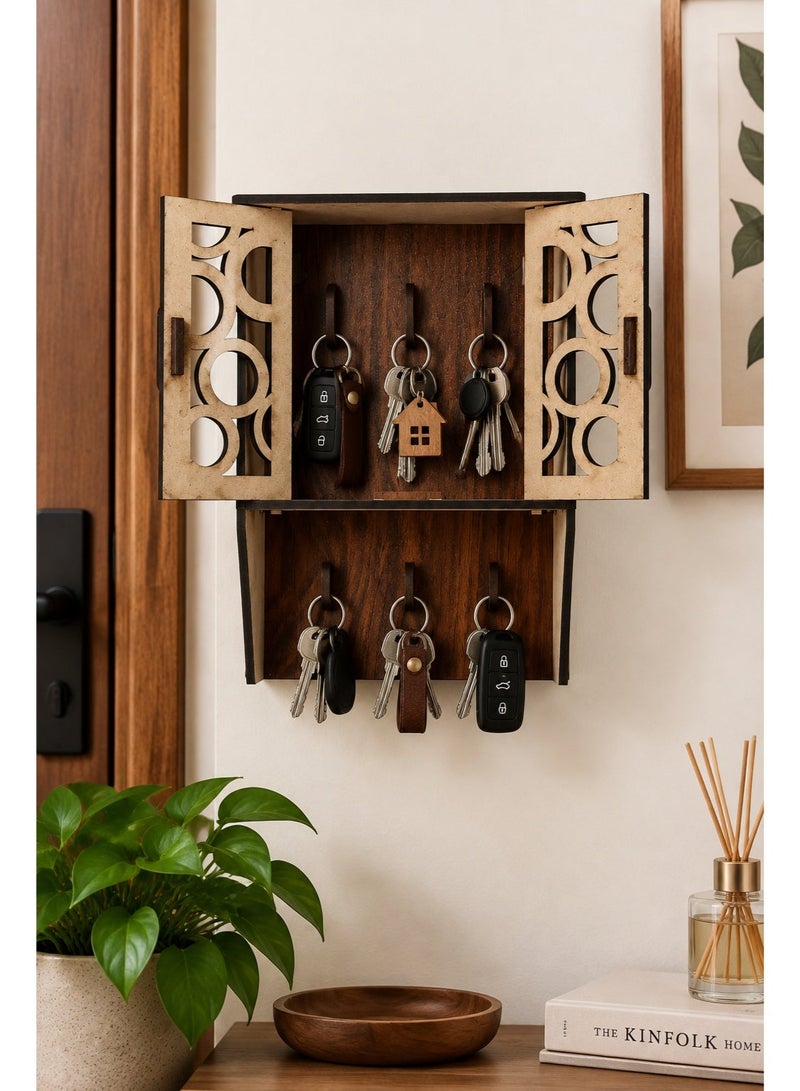 Wall Mounted Wooden Key Organizer with Decorative Doors and 3 Hooks – Elegant Home Design - Image 5