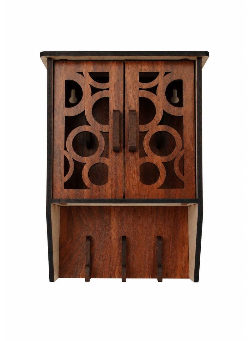 Wall Mounted Wooden Key Organizer with Decorative Doors and 3 Hooks – Elegant Home Design - Image 3