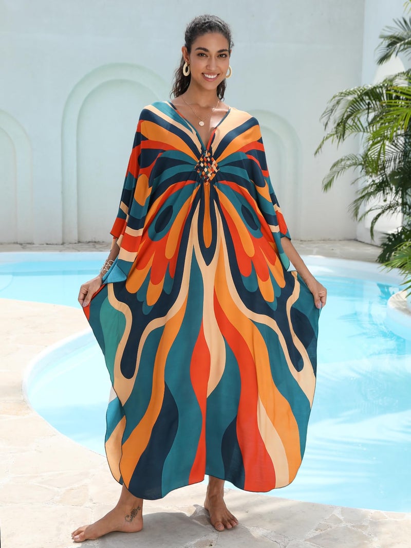 KEYLORTING Women's Plus Size Kaftan Dress – plus size maxi dress Moo Moos Beach Cover Up,Bathing Suit Cover-Up Loungewear - Image 2