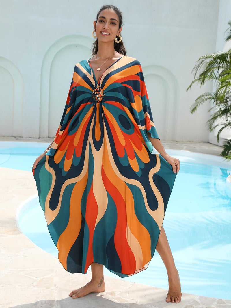 KEYLORTING Women's Plus Size Kaftan Dress – plus size maxi dress Moo Moos Beach Cover Up,Bathing Suit Cover-Up Loungewear - Image 3