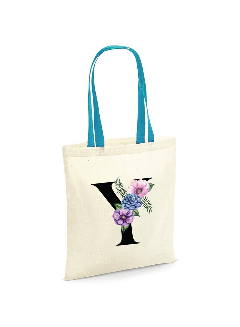 PRINTSHOP4ME Initial Letters Canvas Cotton Tote Bag With Blue Handle-Ideal Gifts For Bridesmaids-Party Bag-Reusable Bags  - Image 1