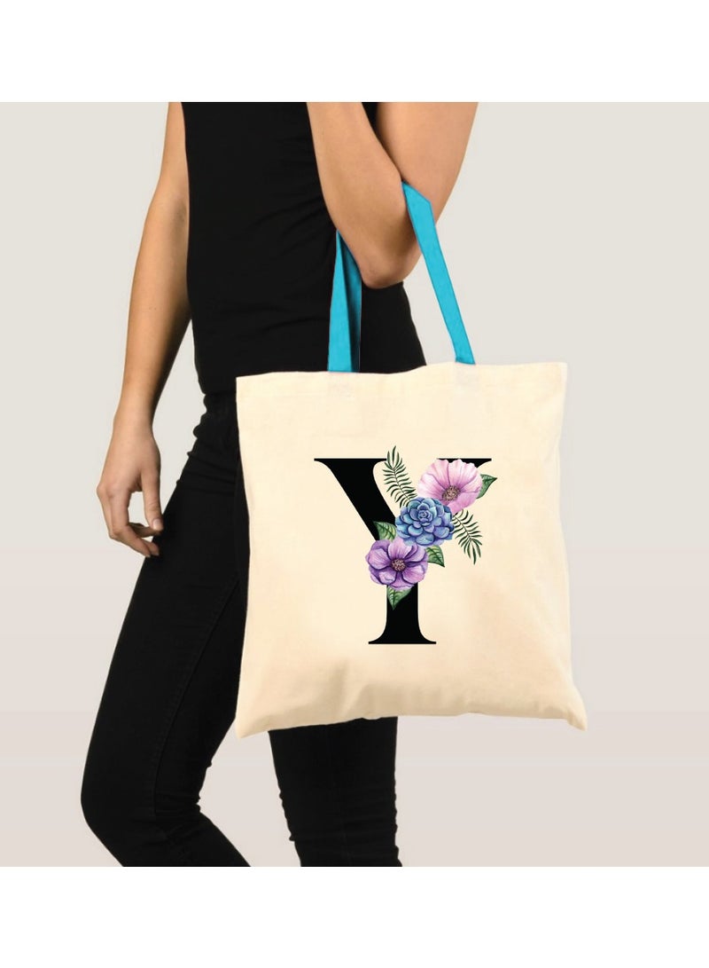 PRINTSHOP4ME Initial Letters Canvas Cotton Tote Bag With Blue Handle-Ideal Gifts For Bridesmaids-Party Bag-Reusable Bags  - Image 3