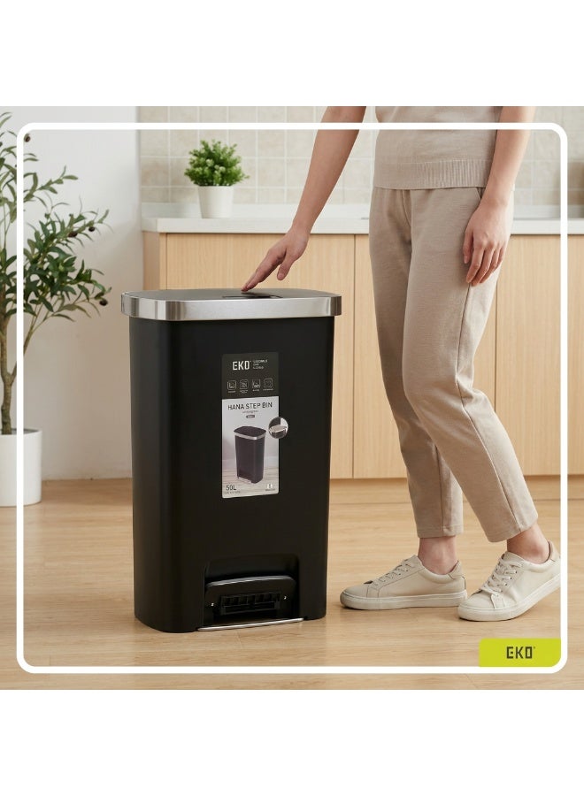EKO Hana Step Bin K-50 Stainless Steel Trash Can | Hands Free Foot Pedal Operation | Soft Close Lid with Brushed Steel Rim | Ideal for Kitchen and Office Waste Disposal | Black 50L - Image 5