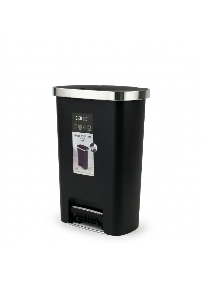 EKO Hana Step Bin K-50 Stainless Steel Trash Can | Hands Free Foot Pedal Operation | Soft Close Lid with Brushed Steel Rim | Ideal for Kitchen and Office Waste Disposal | Black 50L - Image 1