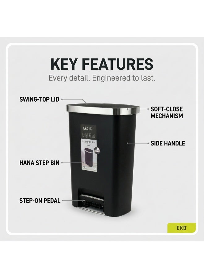 EKO Hana Step Bin K-50 Stainless Steel Trash Can | Hands Free Foot Pedal Operation | Soft Close Lid with Brushed Steel Rim | Ideal for Kitchen and Office Waste Disposal | Black 50L - Image 2