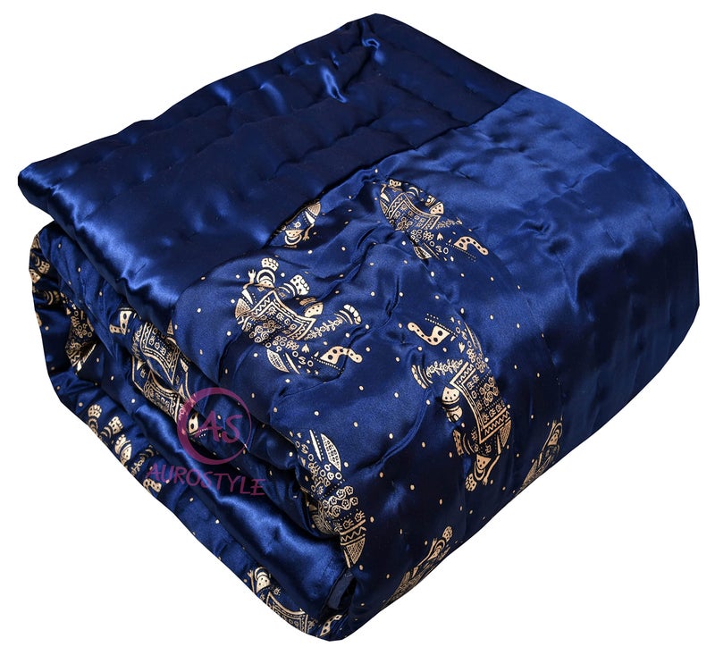 AUROSTYLE Rajasthani Cotton Filled Light Weight Silk Soft Jaipuri AC Quilt Dohar Over All Floral Print Design Blankets for Home (85x55 Inch,Blue Elephant Print, Single Bed) - Image 1