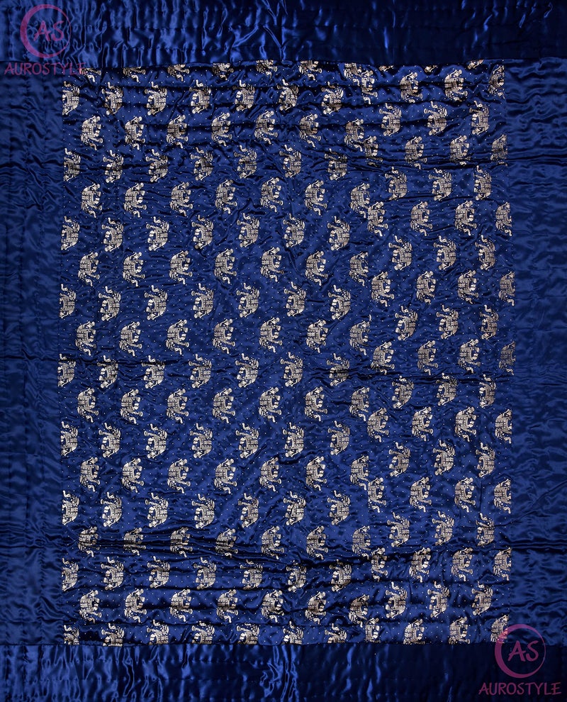 AUROSTYLE Rajasthani Cotton Filled Light Weight Silk Soft Jaipuri AC Quilt Dohar Over All Floral Print Design Blankets for Home (85x55 Inch,Blue Elephant Print, Single Bed) - Image 4