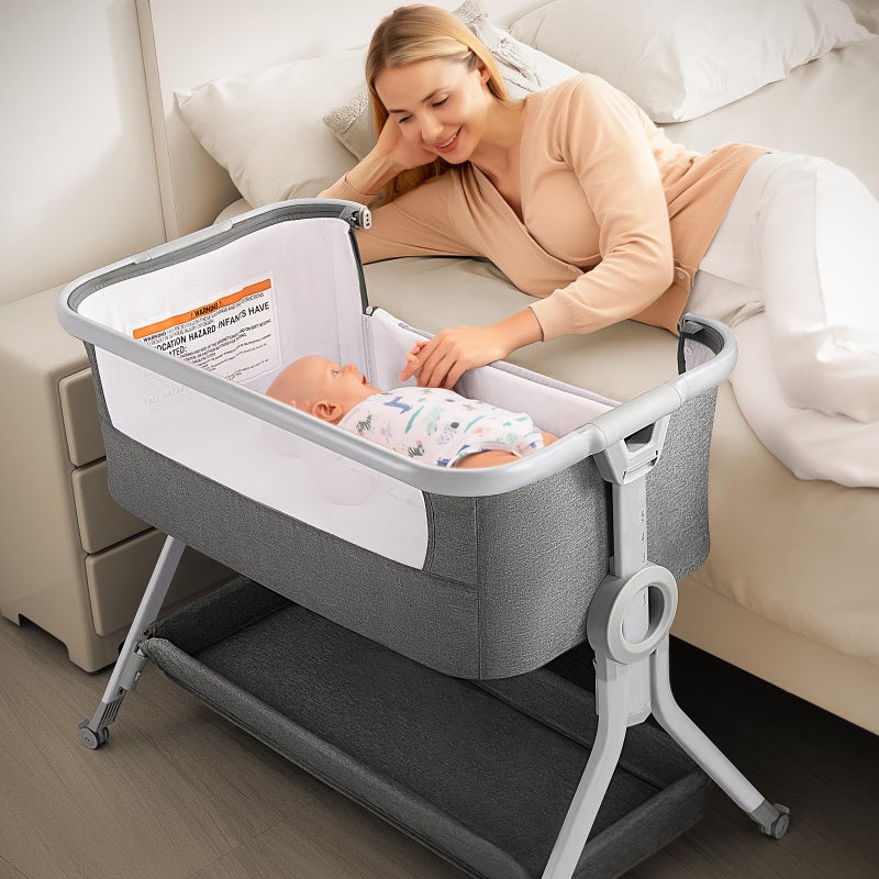 LAREX Larex Baby Bassinet Baby Bassinet Bedside Sleeper with Storage Basket and Wheels Height Adjustable Portable Crib for Newborn Infant Easy Assemble and FoldingGrey