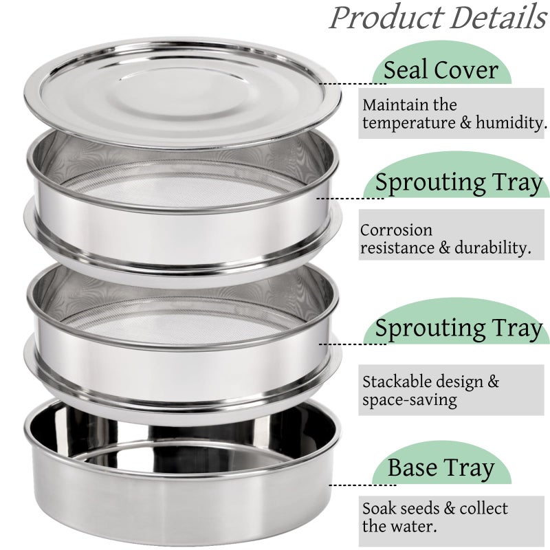 Tlence 9" Stackable Stainless Steel Seed Sprouting Kit, 3-Tier Mesh Germination Tray, Seed Sprout Grower with Lid Base, Microgreens Propagator for Beans Peas Broccoli Wheat Grass, Soil Free - Image 4