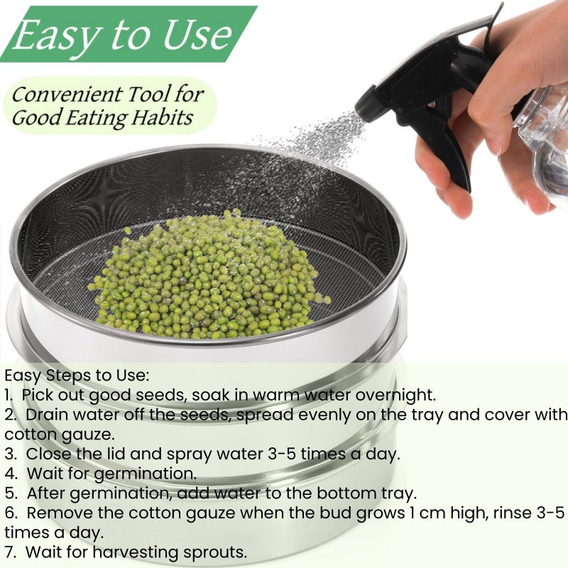 Tlence 9" Stackable Stainless Steel Seed Sprouting Kit, 3-Tier Mesh Germination Tray, Seed Sprout Grower with Lid Base, Microgreens Propagator for Beans Peas Broccoli Wheat Grass, Soil Free - Image 5