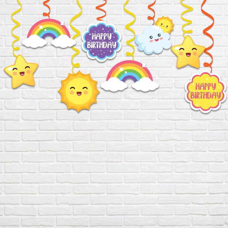 Festiko Colorful Rainbow & Cloud Theme Birthday Party Ceiling Decorations Items For Boys/Girls/Kids Birthday Decorations Supplies (Happy Birthday Swirls, Multicolour)- 8 Pcs - Image 2