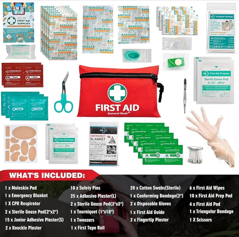 General Medi Mini First Aid Kit 110 Piece Small First Aid Kit Includes Emergency Foil Blanket Scissors for Travel Home Office Vehicle Camping Workplace Outdoor Red - Image 2