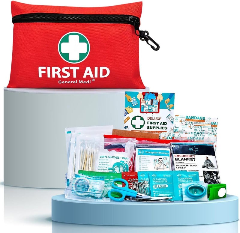 General Medi Mini First Aid Kit 110 Piece Small First Aid Kit Includes Emergency Foil Blanket Scissors for Travel Home Office Vehicle Camping Workplace Outdoor Red - Image 1