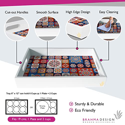 BRAHMA DESIGN Serving Tray | Floral Tiles Design with White Border | Rectangular 8" x 12" Wooden Tray for Serving | Tray for Decoration with Cut-Out Handles - Image 3