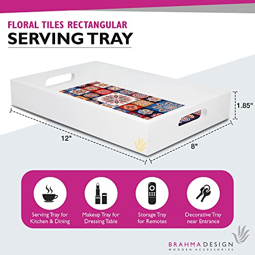 BRAHMA DESIGN Serving Tray | Floral Tiles Design with White Border | Rectangular 8" x 12" Wooden Tray for Serving | Tray for Decoration with Cut-Out Handles - Image 2