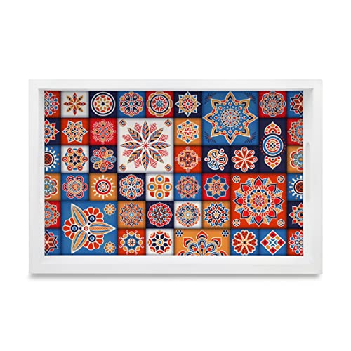 BRAHMA DESIGN Serving Tray | Floral Tiles Design with White Border | Rectangular 8" x 12" Wooden Tray for Serving | Tray for Decoration with Cut-Out Handles - Image 1