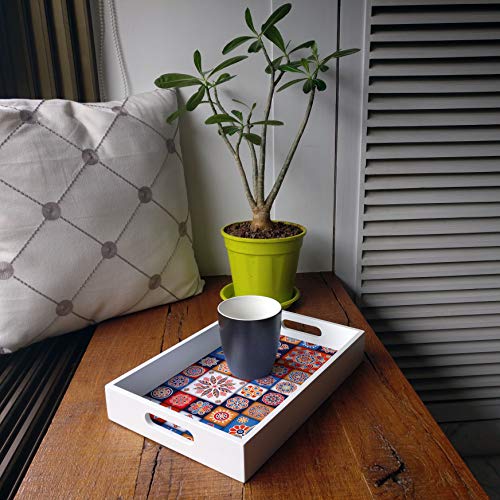 BRAHMA DESIGN Serving Tray | Floral Tiles Design with White Border | Rectangular 8" x 12" Wooden Tray for Serving | Tray for Decoration with Cut-Out Handles - Image 5