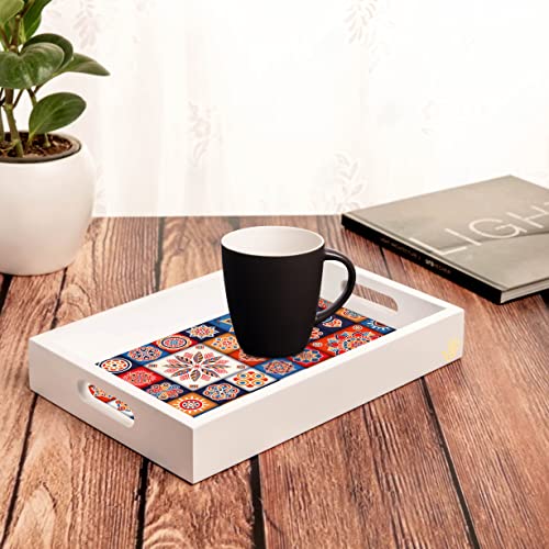 BRAHMA DESIGN Serving Tray | Floral Tiles Design with White Border | Rectangular 8" x 12" Wooden Tray for Serving | Tray for Decoration with Cut-Out Handles - Image 4