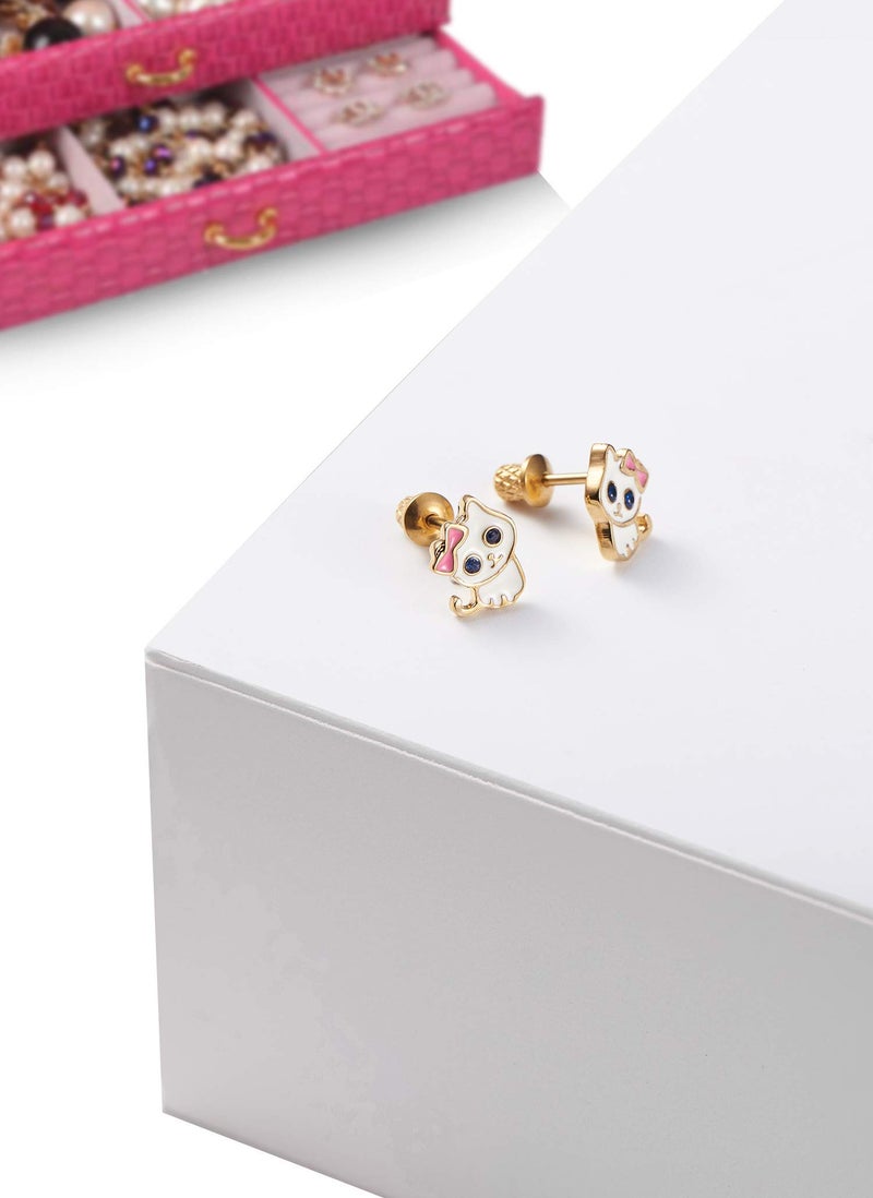 Regetta Jewelry أقراط كيتن مزينة بالذهب عيار 18 مع دبابيس خلفية آمنة للأطفال، الرضع، الصغار، الفتيات الصغيرات مع دبابيس من الفولاذ الجراحي للأذان الحساسة للغاية مع دبابيس خلفية آمنة (كيتن بلون الذهب)  - Image 5