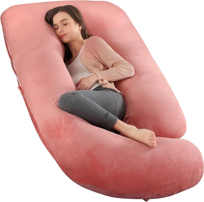 Elover Pregnancy Pillow U-Shaped Full Body Maternity Support Pillow for Pregnant Women with Replaceable and Washable Velvet Cover Size 60" (Velvet, Pink) - Image 1