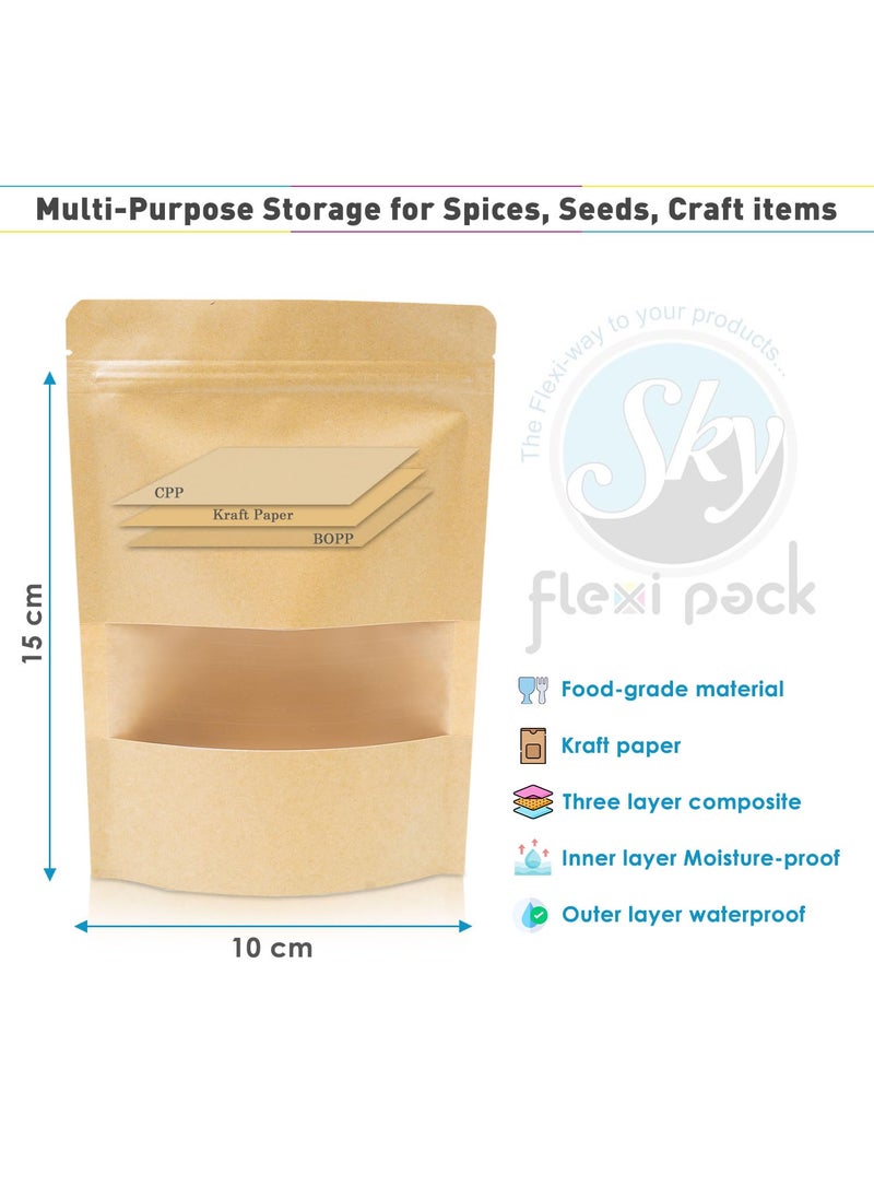 SKY FLEXI PACK SKY FLEXI PACK Kraft Paper Ziplock Pouch 10 x 15cm Pack of 100 Airtight Reusable Stand Up Waterproof Multipurpose Storage Bags with Rectangle Transparent Window Capacity up to 50g  - Image 2
