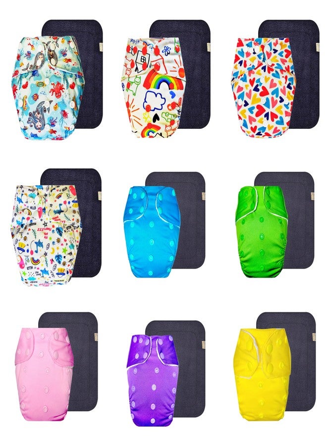 Dumbledo Premium Cloth Diaper with Gray Insert (Pack of 9) | Soft & Gentle | 6-Layer Absorbent Pad | Adjustable Snaps | All-Day Wear | 3 Months - 3 Years | Unisex Baby - Image 1