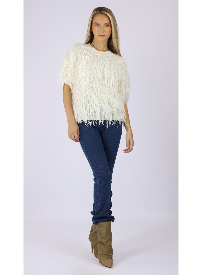KYVELi Women’s Shaggy Textured Knit Top – Off White - Image 1