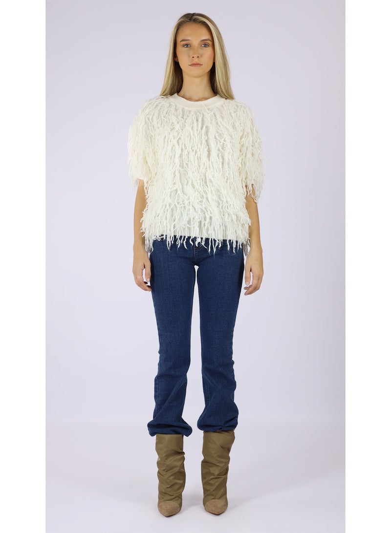 KYVELi Women’s Shaggy Textured Knit Top – Off White - Image 2
