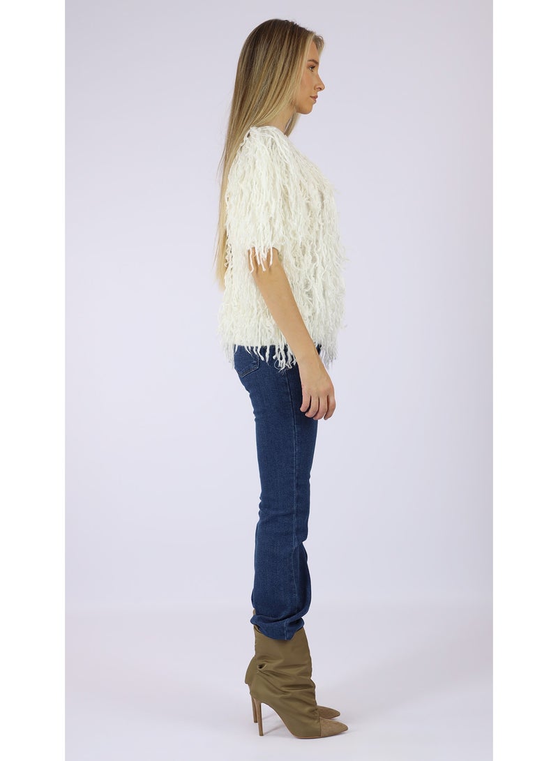 KYVELi Women’s Shaggy Textured Knit Top – Off White - Image 4