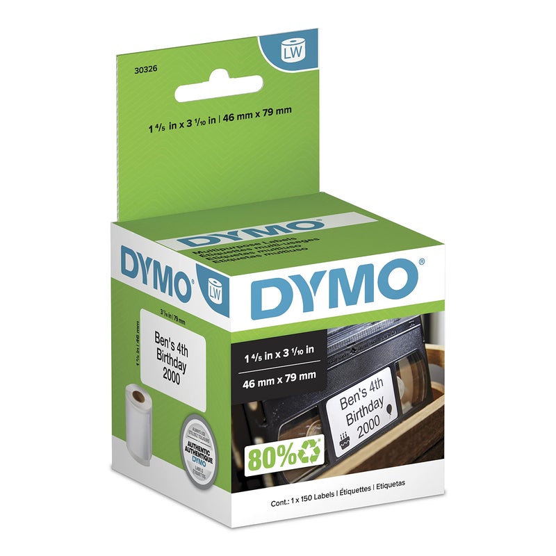 Dymo ملصقات DYMO الأصلية LW فيديو العلوية، ملصقات DYMO لطابعات ملصقات LabelWriter، 1-4/5" × 3-1/10"، لفة واحدة تحتوي على 150 ملصق - Image 1