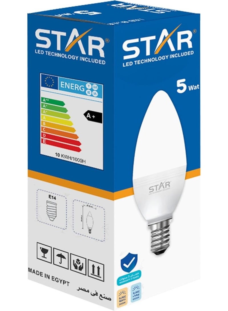 ستار مصباح ليد بقوة 5 واط وقاعدة E14، موفر للطاقة، إضاءة بيضاء ساطعة 6500 كلفن، 500 لومن، قاعدة E14 قياسية، عمر طويل، إضاءة صديقة للبيئة ( 5 قطع ) - Image 2