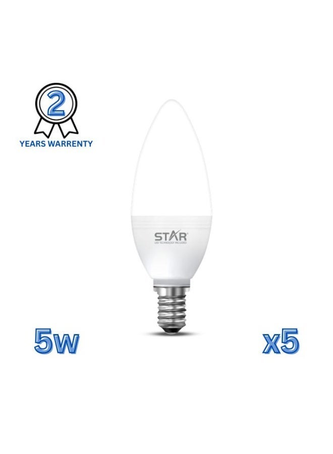 ستار مصباح ليد بقوة 5 واط وقاعدة E14، موفر للطاقة، إضاءة بيضاء ساطعة 6500 كلفن، 500 لومن، قاعدة E14 قياسية، عمر طويل، إضاءة صديقة للبيئة ( 5 قطع ) - Image 1