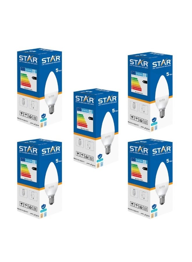 ستار مصباح ليد بقوة 5 واط وقاعدة E14، موفر للطاقة، إضاءة بيضاء ساطعة 6500 كلفن، 500 لومن، قاعدة E14 قياسية، عمر طويل، إضاءة صديقة للبيئة ( 5 قطع ) - Image 3