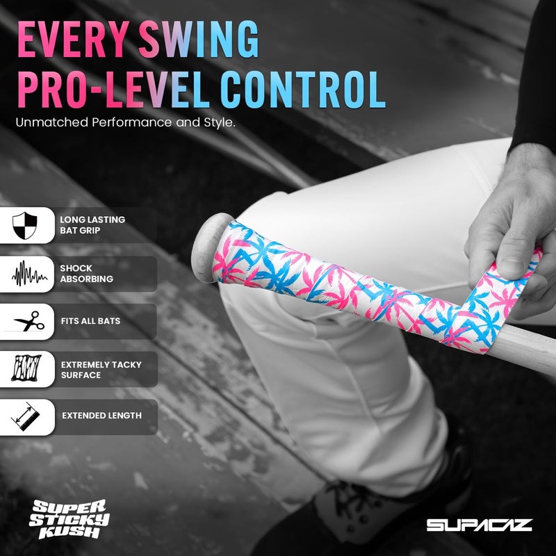 SUPACAZ Super Sticky Kush Miami Baseball Bat Tape - Softball Bat Wrap - High Performance Pro Big League Bat Grip - 1.1mm - Image 2