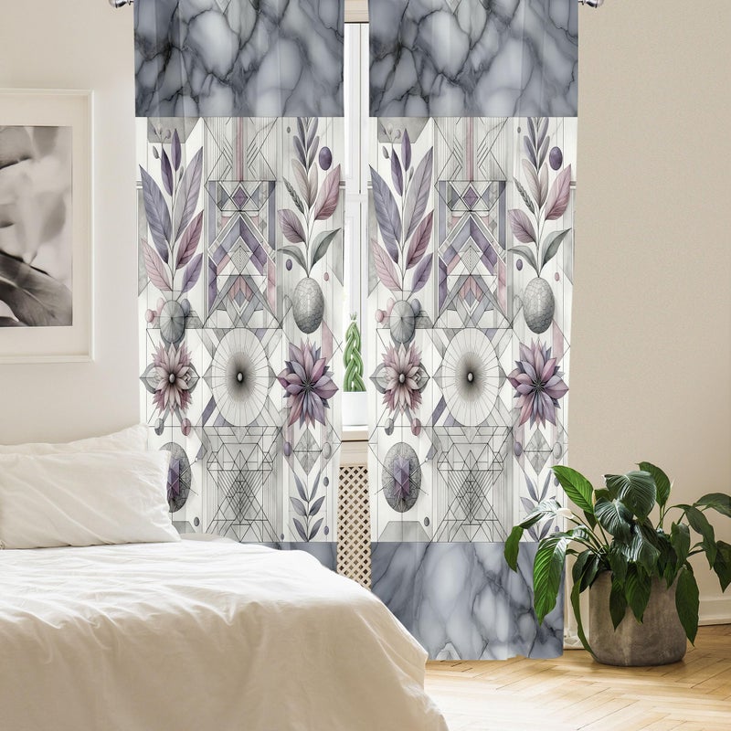 Ambesonne Geometric Floral Window Curtains  Classic Marble Print Ornate Leafy Flowers and Futurist Stripes  Lightweight Decor 2-Panel Set with Rod Pocket  Pair of - 28"" x 95""  Ceil Blue Laurel Green - Image 4