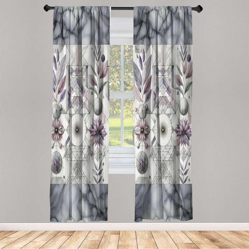 Ambesonne Geometric Floral Window Curtains  Classic Marble Print Ornate Leafy Flowers and Futurist Stripes  Lightweight Decor 2-Panel Set with Rod Pocket  Pair of - 28"" x 95""  Ceil Blue Laurel Green - Image 2
