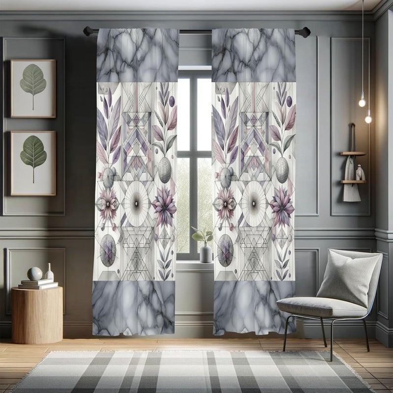 Ambesonne Geometric Floral Window Curtains  Classic Marble Print Ornate Leafy Flowers and Futurist Stripes  Lightweight Decor 2-Panel Set with Rod Pocket  Pair of - 28"" x 95""  Ceil Blue Laurel Green - Image 1