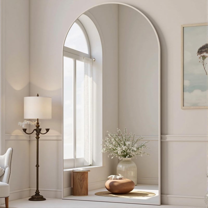 Dewfig Arched White Full Length Mirror,76"X34" Large Floor Mirror, Full Body Mirrors for Leaning or Hanging, Standing Mirrors for Bedroom, Living Room,Dressing Room, Aluminum Alloy Frame, White - Image 1